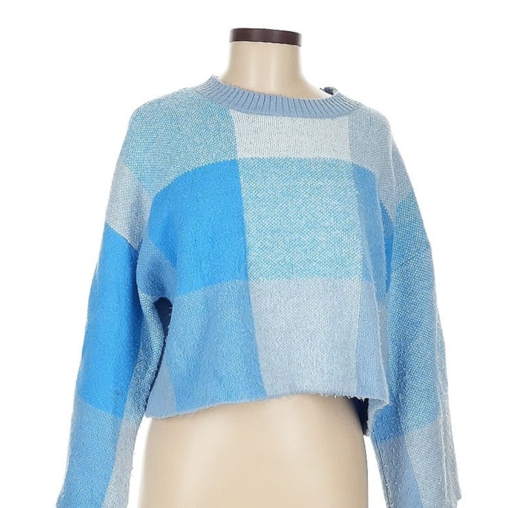 Jessica Simpson Blue Plaid Cropped Sweater Size L 💙